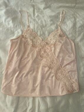 Vintage 80s/90s Made In USA Floral Silky Satin Petal Pink Lace Camisole Top Sz M